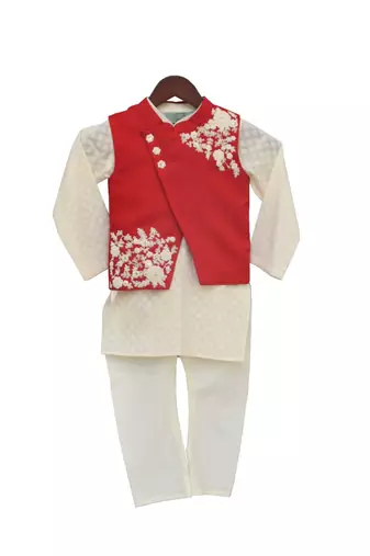 red embroidered cotton nehru jacket with White kurta Set
