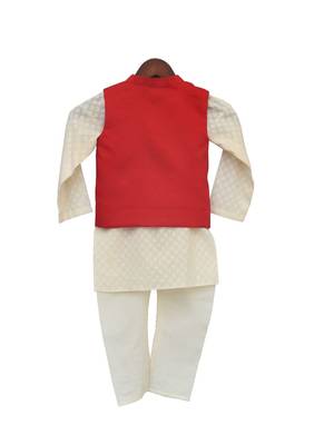 red embroidered cotton nehru jacket with White kurta Set 3