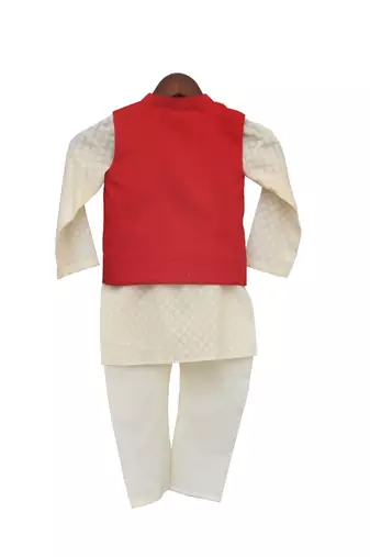red embroidered cotton nehru jacket with White kurta Set
