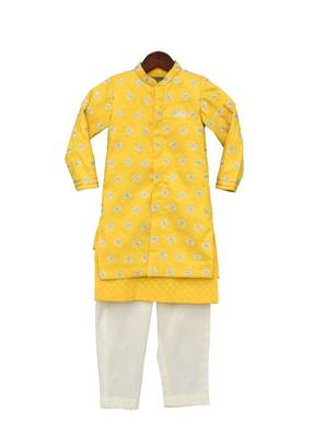 Yellow Embroidered Silk Kurta jacket set 1