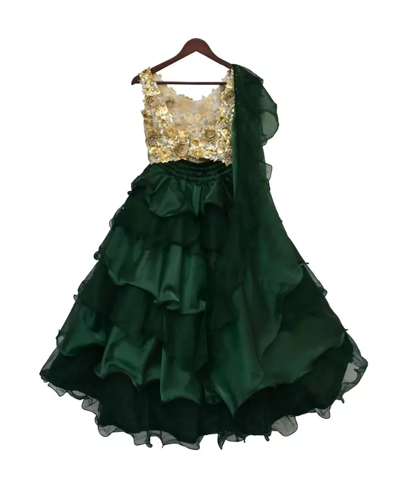 Beige Choli with Enbrel Green Organza Lehenga