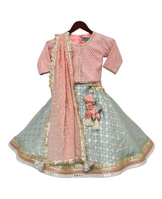 Pink and Blue embroidered Satin lehenga 1