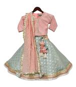 Pink and Blue embroidered Satin lehenga