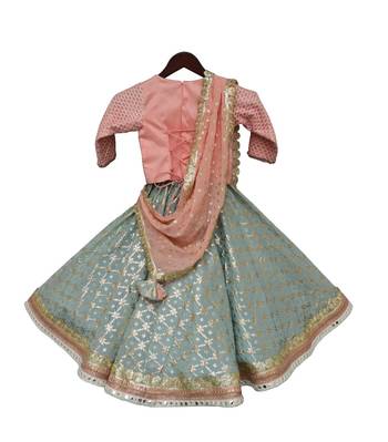 Pink and Blue embroidered Satin lehenga 2