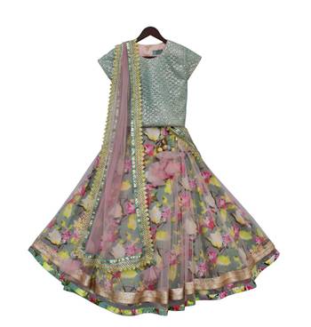 Aqua Embroidery Choli with Printed Lehenga 2