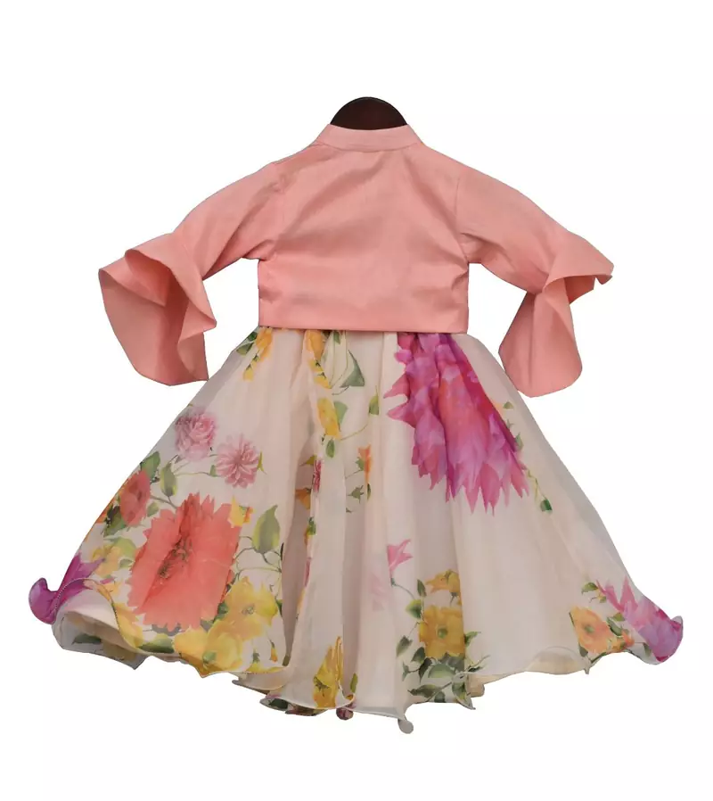 Peach Knotted Top with Ivory Printed Lehenga