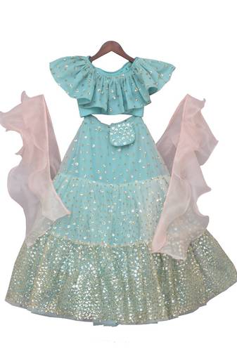 Blue embroidered Dupion Silk lehenga