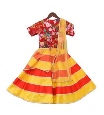 Red Printed Choli with Yellow and Red Poly Silk Lehenga 1