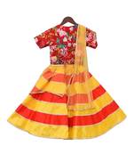 Red Printed Choli with Yellow and Red Poly Silk Lehenga