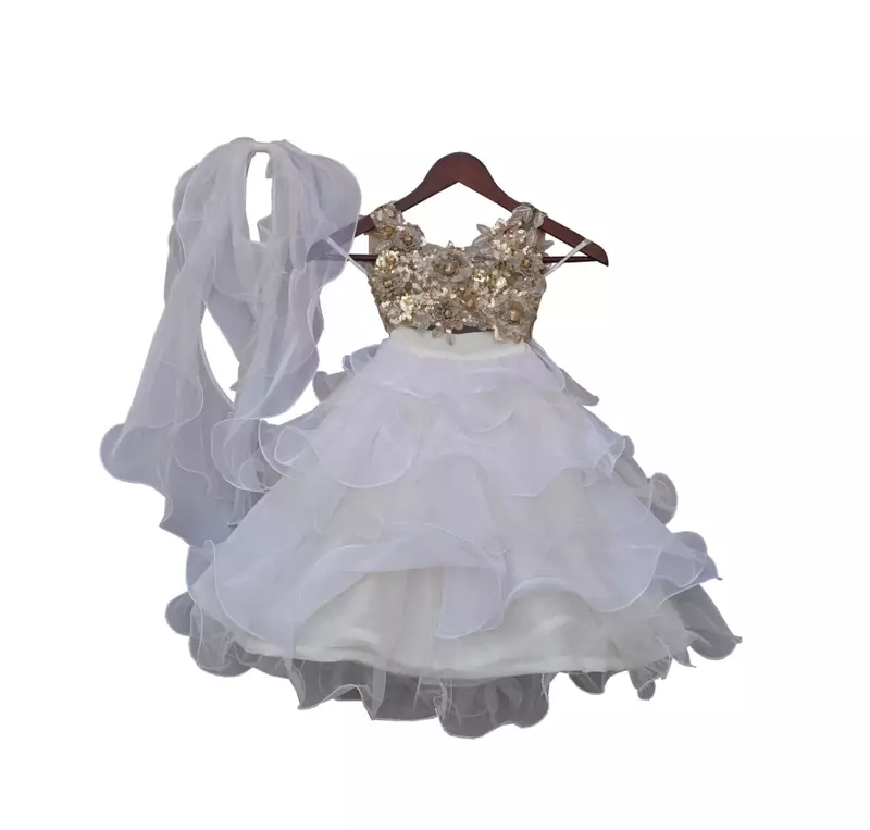 Beige Choli with White Organza Lehenga