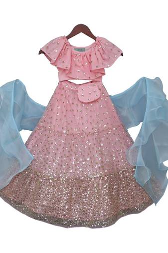 Pink Sequins Embroidered Dupion Silk Lehenga