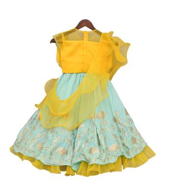 Yellow Tassel Top with Aqua Blue Lehenga 1