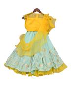 Yellow Tassel Top with Aqua Blue Lehenga