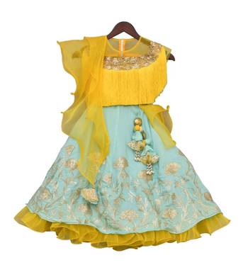 Yellow Tassel Top with Aqua Blue Lehenga 2