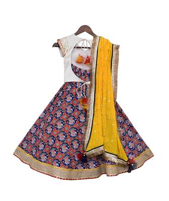 White Embroidery Choli with Blue Printed Lehenga 1