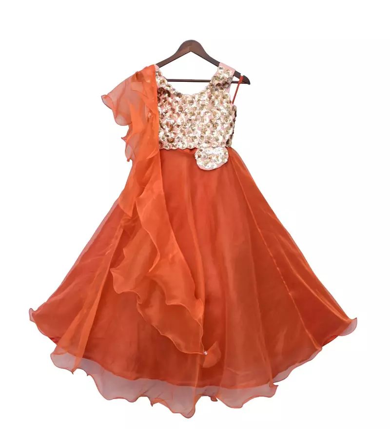Sequence 3D Flower Choli with Orange Organza Lehenga