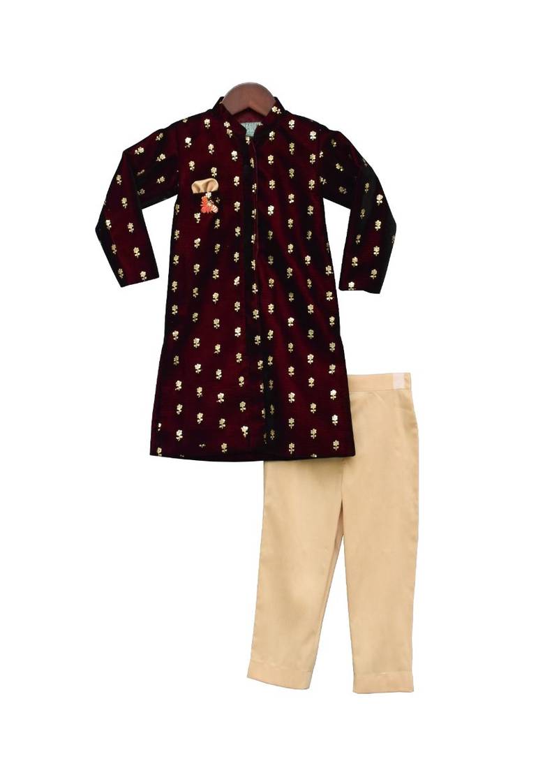 Maroon Velvet Ajkan with Pant