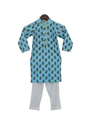 Blue Floral Printed Cotton Kurta Set 2