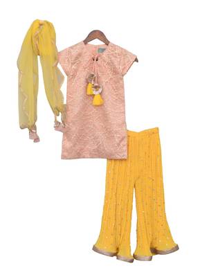 Peach Embroidery Kurti with Yellow Sharara 1