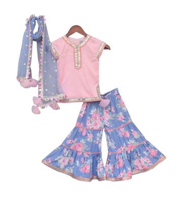 Pink And Blue Cotton Floral Printed Sharara  2