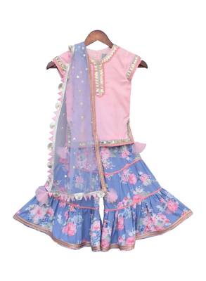 Pink And Blue Cotton Floral Printed Sharara  1