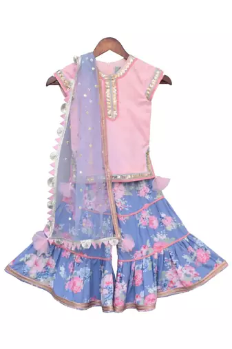 Pink And Blue Cotton Floral Printed Sharara 