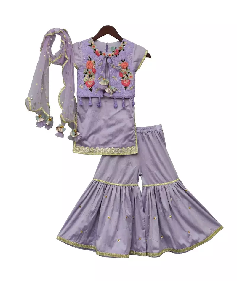 Purple Kurti with attached Phulkari Jacket & Sharara