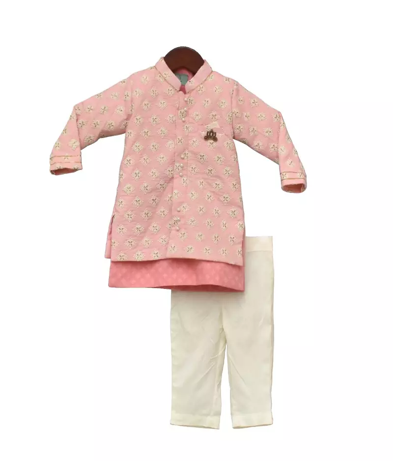Pastel Pink Embroidery Jacket with Kurta and Pant