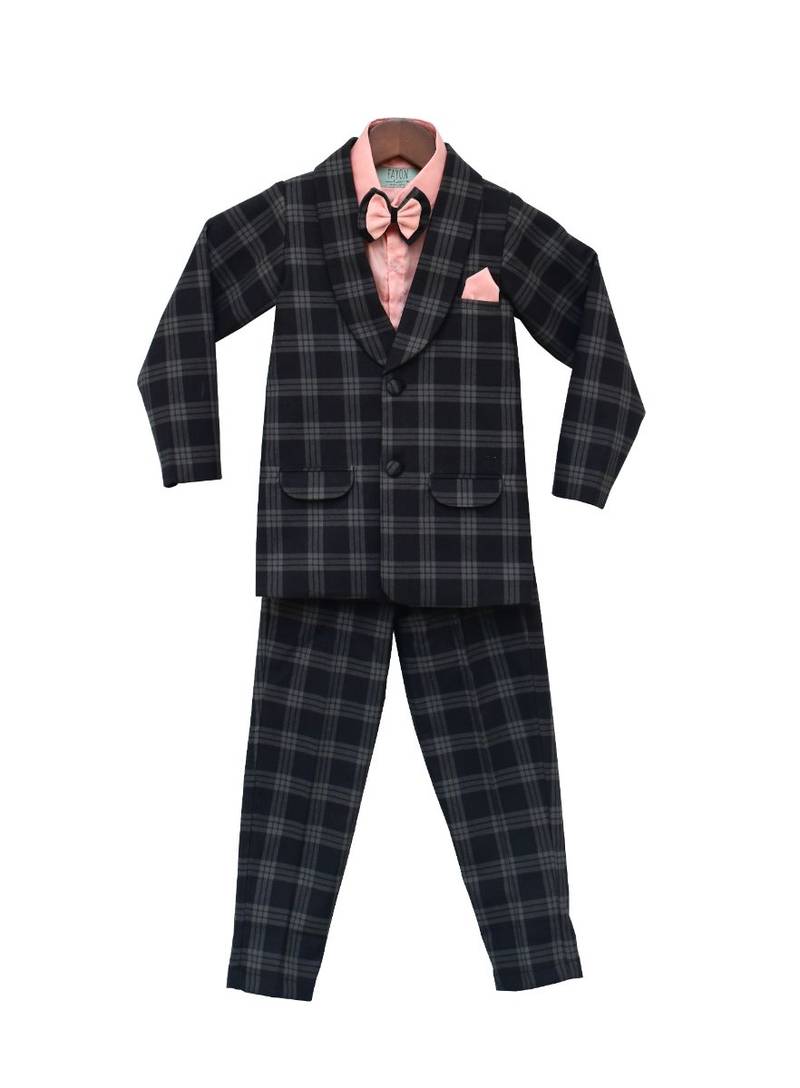 Black Check Coat Set with Peach Shirt