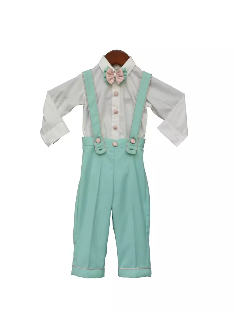 White Shirt with Susbenders and Acqua Pant