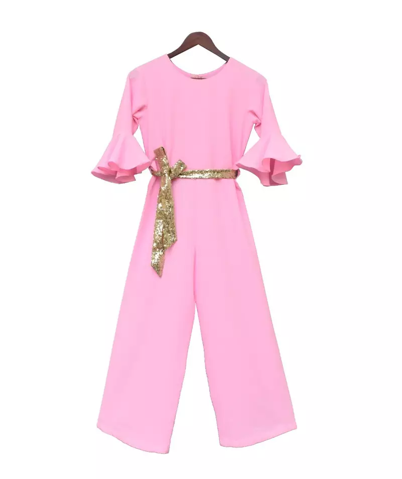 Pink Georgette Jumpsuit with Gold Sequence Belt