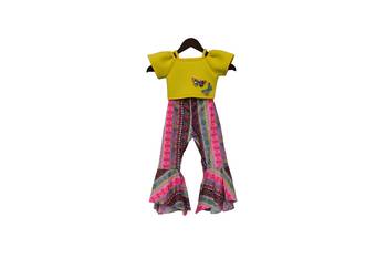Yellow Lycra Crop Top With Printed Pant 1