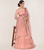 Peach embroidered net semi stitched lehenga