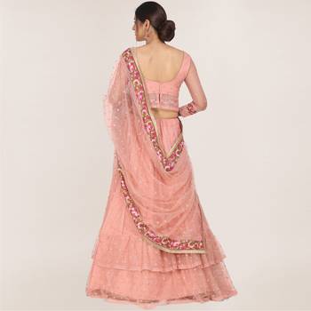 Peach embroidered net semi stitched lehenga 2