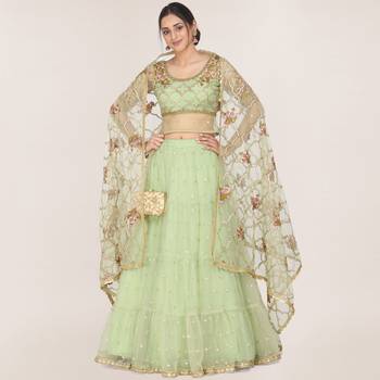Light-olive embroidered net semi stitched lehenga 1