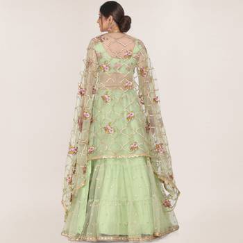Light-olive embroidered net semi stitched lehenga 2