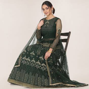 Dark-green embroidered net semi stitched lehenga 1