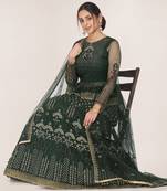 Dark-green embroidered net semi stitched lehenga