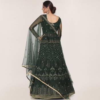 Dark-green embroidered net semi stitched lehenga 2