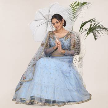Light-blue embroidered net semi stitched lehenga 1