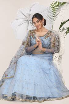 Light-blue embroidered net semi stitched lehenga