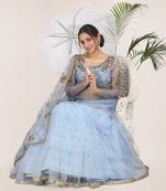 Light-blue embroidered net semi stitched lehenga