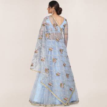 Light-blue embroidered net semi stitched lehenga 2