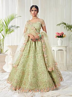 Light-parrot-green embroidered net semi stitched lehenga 1