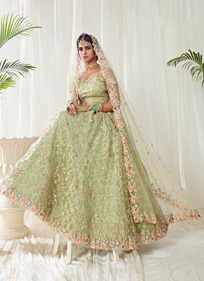 Light-parrot-green embroidered net semi stitched lehenga 2