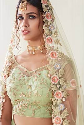 Light-parrot-green embroidered net semi stitched lehenga 3