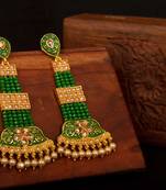 Green Brass Long Hanging Earrings with Meenakari Beaded Wedding