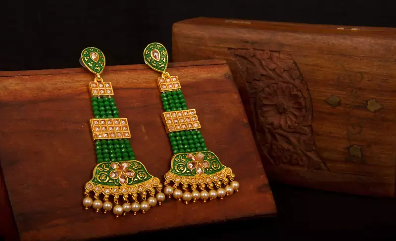 Green Brass Long Hanging Earrings with Meenakari Beaded Wedding