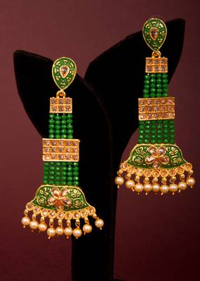 Green Brass Long Hanging Earrings with Meenakari Beaded Wedding 2