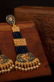 Blue Brass Long Hanging Earrings with Meenakari Beaded Wedding